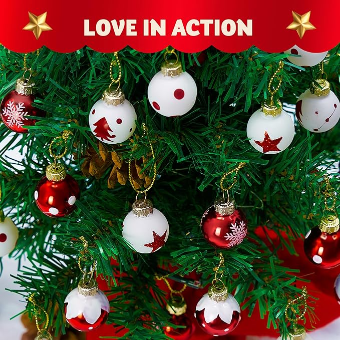 Joiedomi 36 Pcs Christmas Mini Ball Ornament Set, Metalic Glass Small Balls with Glitter Prints & Rope Hangers, Hanging Miniature Ornaments for Christmas Tree, Xmas Glass Party Decor (Red & White)