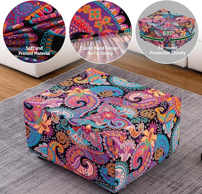 HAOYONG Ottoman Cover Rectangle Printed, Stretch Footstool Slipcover Soft Fabric Protector for Rectangular Ottoman in Living Room or Bedroom Washable X-Large