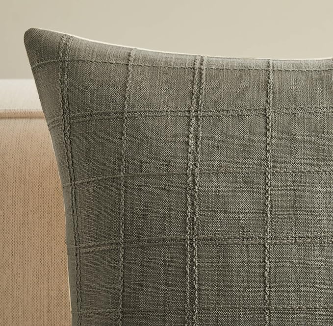 ZeeMart Linen Checked Throw Pillow Covers Set of 2, 16x16 Inch Olive/Cream, Farmhouse Decorative Single Sided Grid Embroidered Couch Pillow Cases Green Cotton Linen Cushion Covers