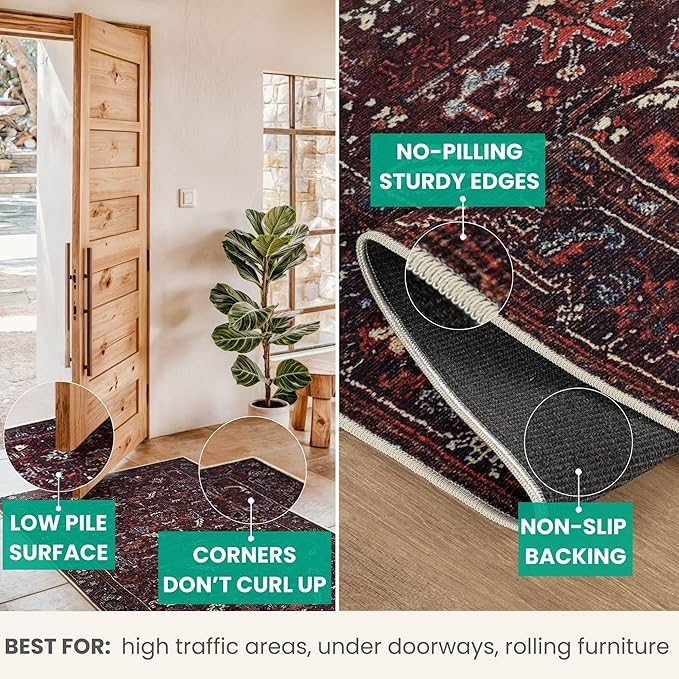 Bloom Rugs Washable Non-Slip 10 ft Runner - Burgundy Traditional Bordered Runner for Entryway, Hallway, Bathroom, and Kitchen - Exact Size: 2.5' x 10'