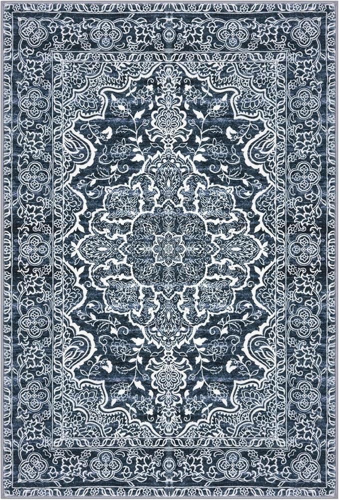 KUTA Vintage Small Area Rug 2x3 Non-Slip Washable Entryway Rugs Navy Blue Ultra Soft Modern Floral Doormat Printed Retro Distressed Carpet Accent Farmhouse Kitchen Throw