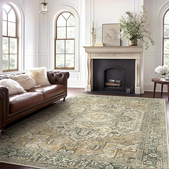 GENIMO Machine Washable 8x10 Area Rugs for Living Room, Non Slip Vintage Rugs, Low Pile Lightweight Chenille Print Rug for Bedroom, Dining Room, Home Office, Earthy Brown