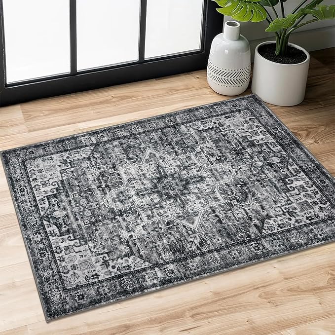 2x3 Washable Rug for Entryway, Moss Charcoal Soft Traditional Printed Area Rug with Non-Slip Kitchen Rugs, Low-Pile Medallion Indoor Door Mat, Small Carpet for Entrance Kitchen Foyer