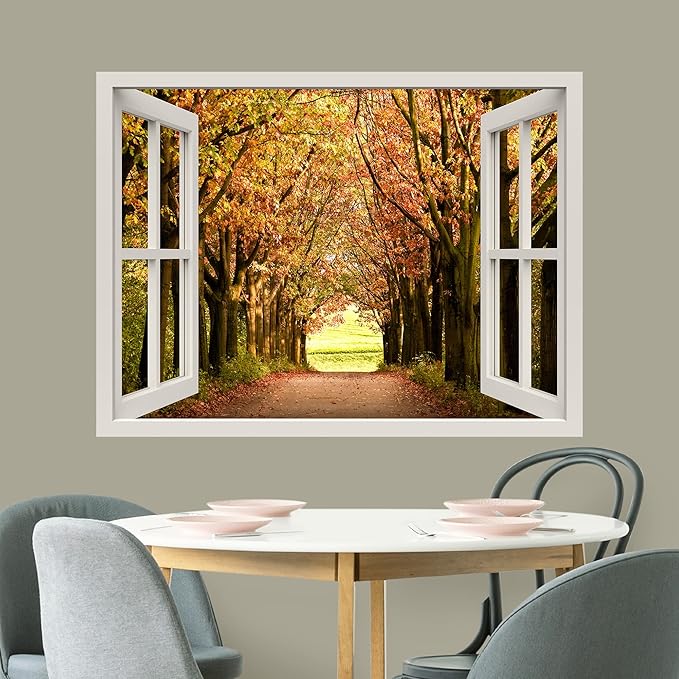 wall26 Removable Wall Sticker/Wall Mural Window View Country Autumn Orange Tree Forest Path Wilderness Nature Photography Realism Rustic Landscape Colorful for Living Room, Bedroom, Office - 36"x48"