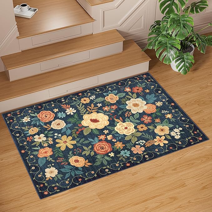 DUKINO 4x6 Area Rug, Lightweight Non Slip Washable Floral Rug, Indoor Low Pile & Non-Shedding Boho Design Rugs for Bedroom, Living Room, Dining Room, Dark Blue