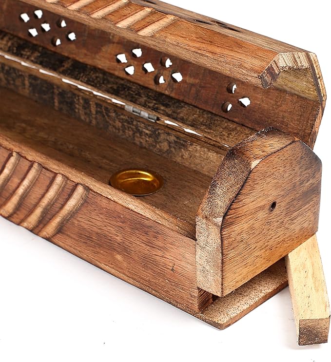 The Wooden Town Hand-Carved Coffin Incense Stick & Cone Burner Holder with Storage – Ash Catcher Stand, Burnt Finish – 12"x2.25"x2.75", Wooden Incense Holder for Sticks & Cones