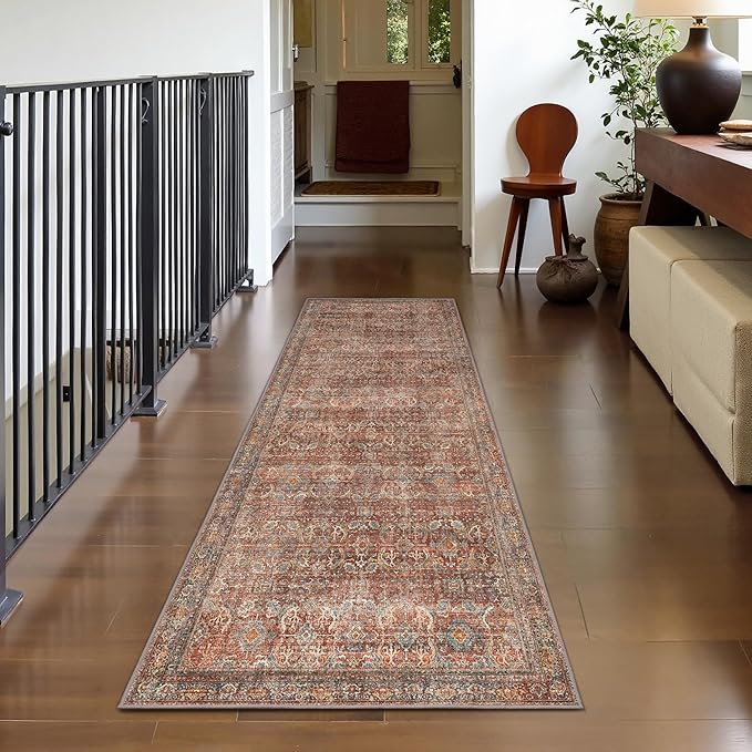 GENIMO 2x7 Runner Rugs for Hallway, Machine Washable Non Slip Vintage Rugs, Low Pile Lightweight Soft Print Rug for enrtyway, Corridor, Home Office, Kitchen, Terracotta Indigo