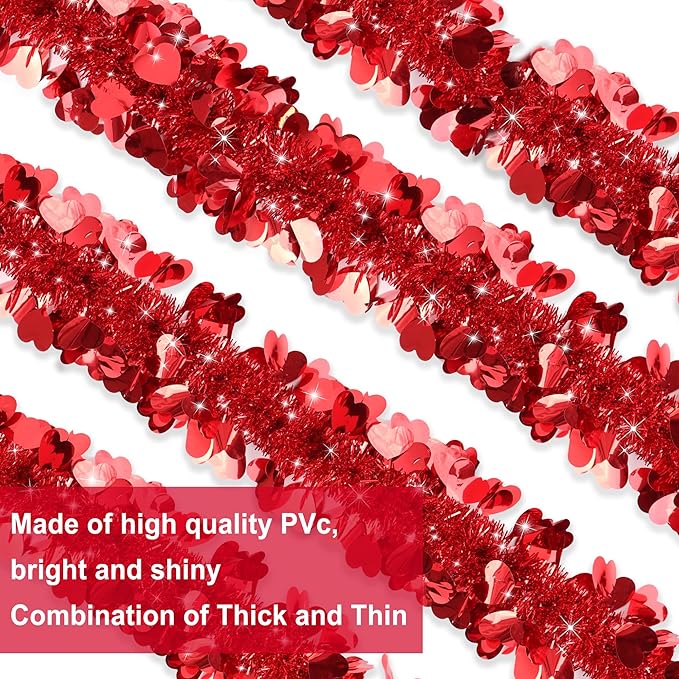 Valentines Day Garland Decor 50FT Red Heart Tinsel Garland Metallic Hanging Garlands Glitter Streamers Valentines Day Decorations for Home Mantel Table Indoor Outdoor Galentines Party Romantic Decor