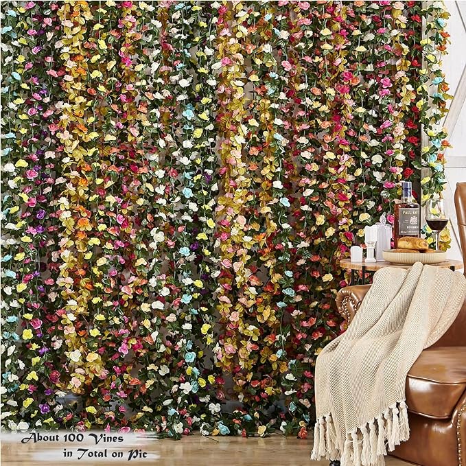 6 Pcs x 8.2 ft Flower Garland Artificial Rose Vine Flowers with Green Leaves Hanging Fake Roses Vine for Room Party Home Wedding Birthday Christmas Wall Arch Decor, Fall Purple Flower
