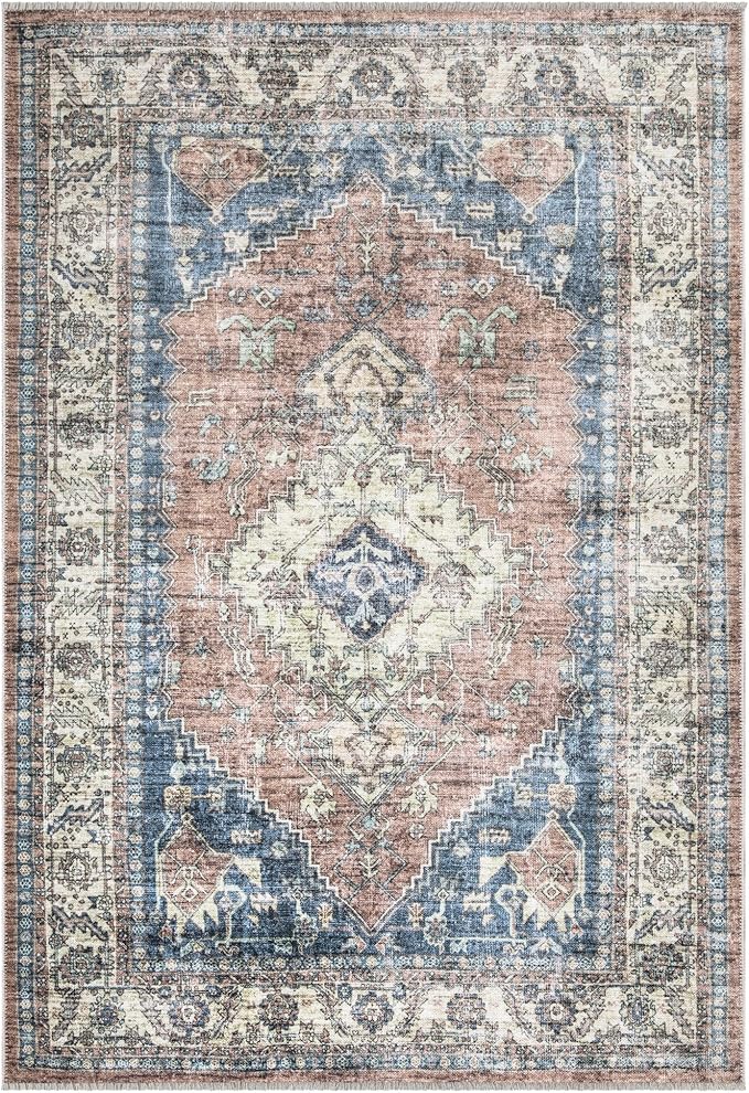 Bloom Rugs Washable Non-Slip 2x3 Rug - Coral Pink/Ocean Blue Traditional Oriental Area Rug for Living Room, Bedroom, Dining Room, and Kitchen - Exact Size: 2' x 3'