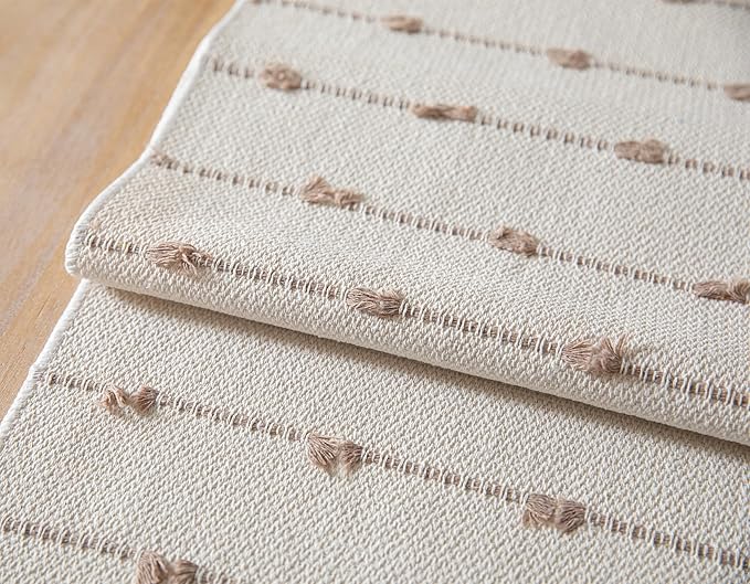 Caflife Boho Table Runner 60 Inchs Long for Modern Farmhouse Room Home Decor, Taupe and Beige Coffee Table Runner, Natural Cotton Woven with Tassels Neutral, for Kitchen Dining Table Decor