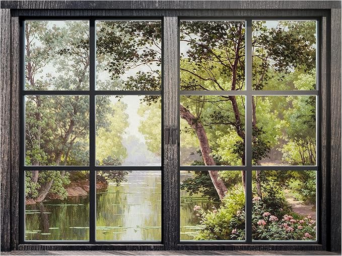 SIGNWIN Removable Wall Sticker/Wall Mural Window View Dark Green Summer Forest River Nature Wilderness Fine Art Vintage Decorative Landscape Digital Art for Living Room, Bedroom, Office - 24"x32"