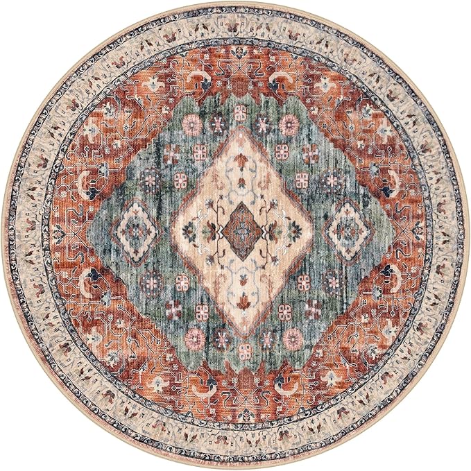 KOZYFLY Boho Round Rug 6 Ft Rugs for Entryway Washable Circle Rug Non Slip Doormat Rust/Orange/Blue Printed Faux Wool Vintage Round Entryway Rug Floor Carpet Round for Entrance, Bedroom