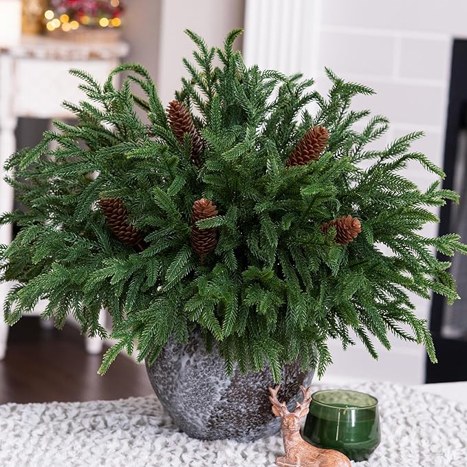 HyeFlora 19 Inch Christmas Norfolk Pine Stems, 12PCS Real Touch Faux Cedar Pine with 5PCS Big Pine Cones Branches, Artificial DIY Greenery Stems Plastic Picks for Vase Indoor Outdoor Home Garden Décor