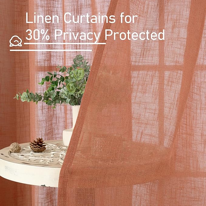 LAMIT Terracotta Linen Curtains 80 inch Length 2 Panels, Light Filtering Semi Sheer Panels Back Tab and Rod Pocket Neutral Drapes for Bedroom/Living Room, 34 x 80 Inch