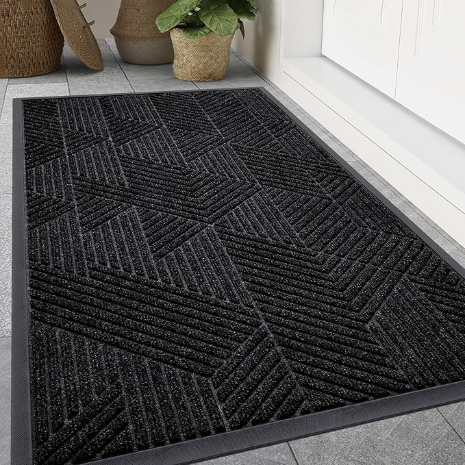 Smiry Front Door Mat Outside Entrance, Heavy Duty Sturdy Natural Rubber Doormat, Trap Dirt and Moisture, Easy Clean Low Profile Mats for Indoor Outdoor Entry, Irregular Triangle (71x34, Black)
