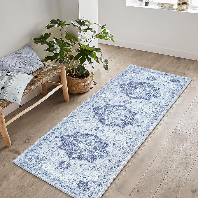 Bloom Rugs Washable Non-Slip 7 ft Runner - Gray/Blue Traditional Medallion Runner for Entryway, Hallway, Bathroom, and Kitchen - Exact Size: 2.5' x 7'