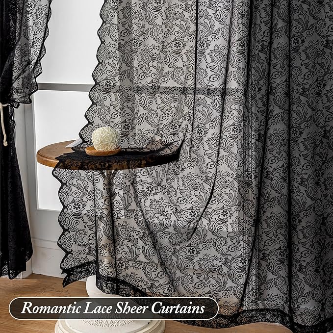 Black Lace Sheer Curtains – Vintage Floral Lace for Bedroom/Living Room, Halloween Curtains Gothic Privacy Light Filtering Rod Pocket Window Drapes, 52W x 96L Inch, 2-Panel Set