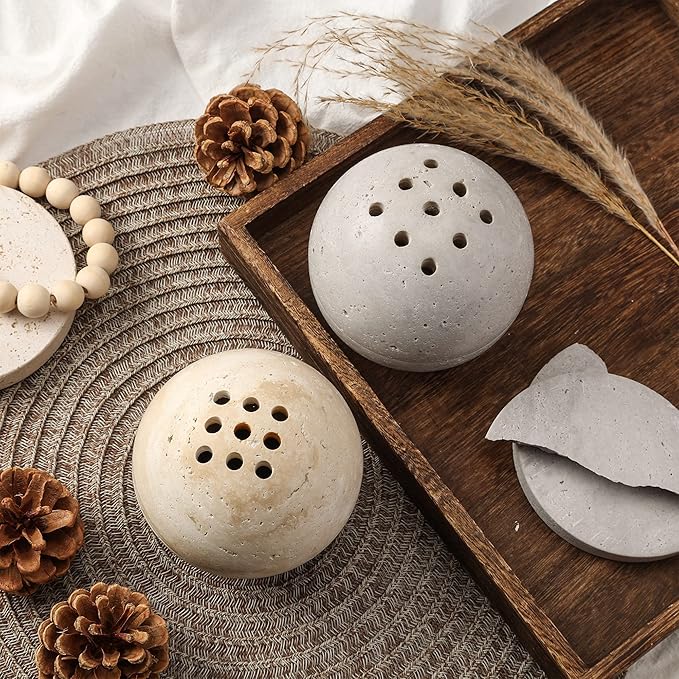 Natural Travertine Round Incense Cone Holder, Minimalist Sphere Incense Burner for Cones, Home Decorations 3.94in (Gray)