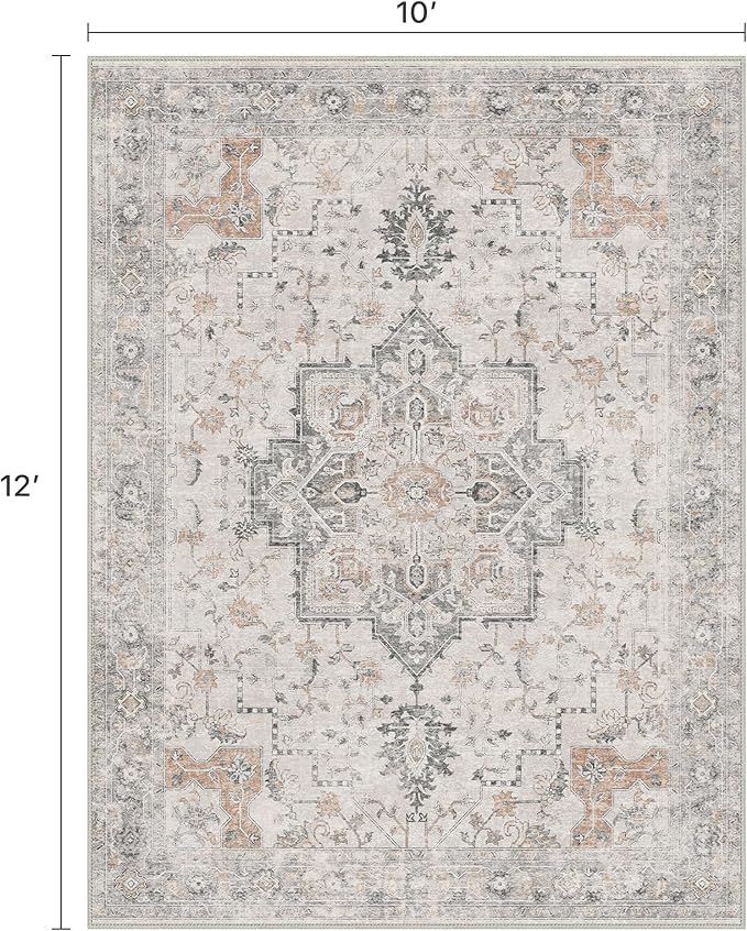 10x12 Area Rugs for Living Room, Non Slip Machine Washable Vintage Rugs, Low Pile Lightweight Print Large Rug for Bedroom, Dining Room, Home Office, Light Taupe Brown