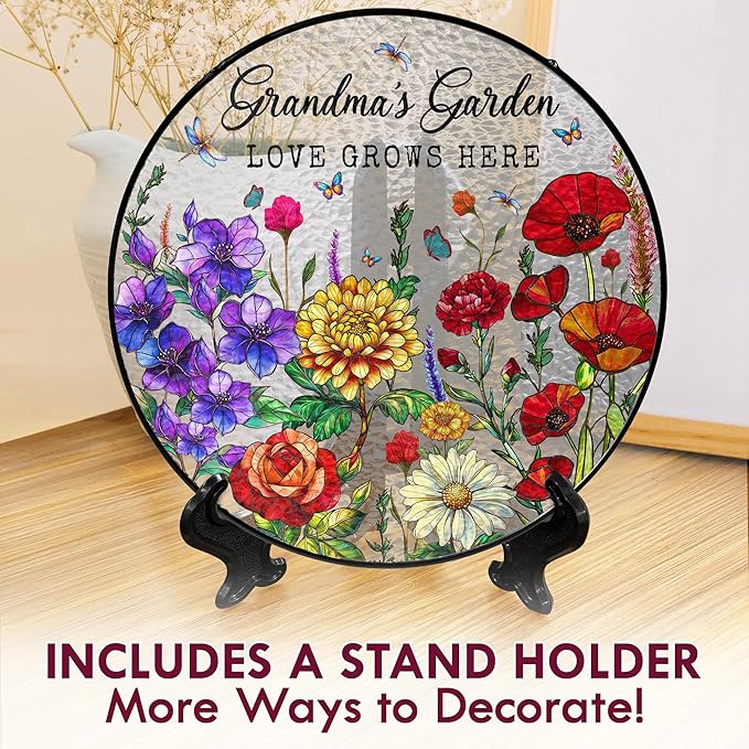 FLAGWIX Grandma Christmas Birthday Gifts - Grandmas Garden Stained Glass Window Hanging with Base 10 in - Birthday Gift for Grandma, Grandparents Day Gifts for Nana Gigi, Sun Catchers Indoor Window