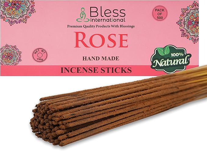 Bless-Rose 100%-Natural-Handmade-Hand-Dipped Organic-Chemicals-Charcoal-Free Purification-Relaxation-Positivity-Yoga-Meditation Best-Woods-Scent (500 Sticks (26 OZ))