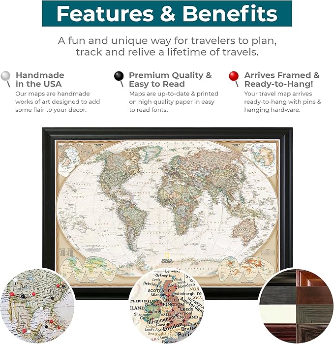 Push Pin Travel Maps Customizable Wall Art - Executive World - Black Frame - Personalized Framed Pin Map, Includes 150 Pins - Handcrafted in USA - 27.5" x 39.5"