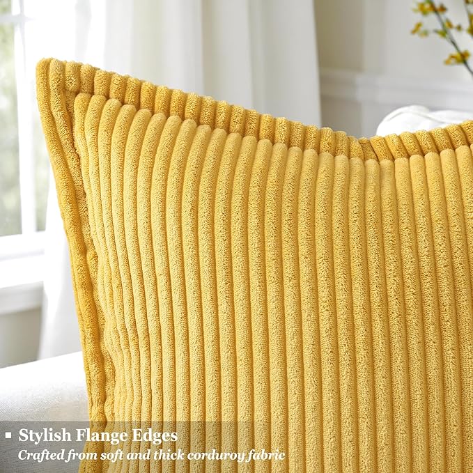 decorUhome Corduroy Mustard Yellow Throw Pillow Covers 22x22 Set of 2 Decorative Soft Boho Farmhouse Euro Couch Pillow Covers for Living Room Bed Sofa Broadside Striped Pillow Cases