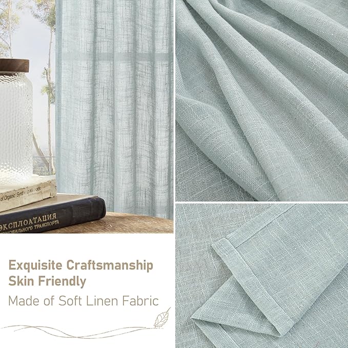 LAMIT Greyish Blue Linen Boho Curtains 80 inch Length 2 Panels, Light Filtering Semi Sheer Panels Back Tab and Rod Pocket Neutral Drapes for Bedroom/Living Room, 34 x 80 Inch