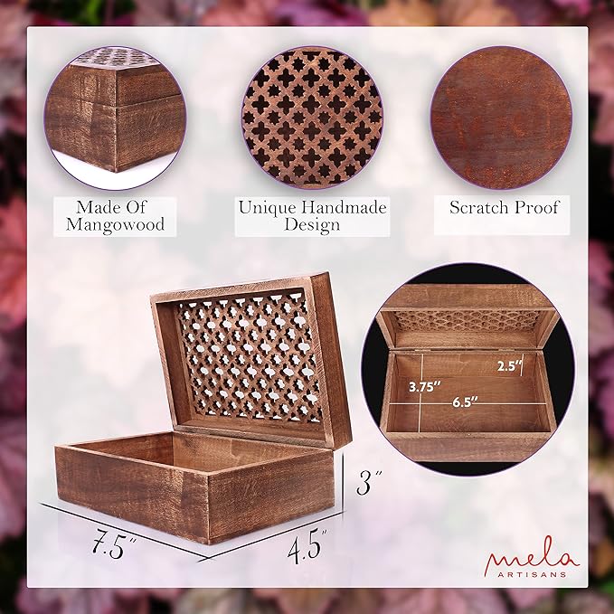 Mela Artisans Wooden Keepsake Box | Medium Polish Mango Wood Memory & Photo Storage Box with Hinged Lid | Decorative Storage Box | Medium | 7.5x4.5x3 Inch