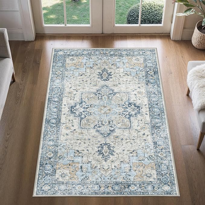 3x5 Area Rugs for Living Room, Machine Washable Rug, Non Slip Vintage Rugs, Low Pile Lightweight Print Rug for Bedroom, Dining Room, Home Office, Blue