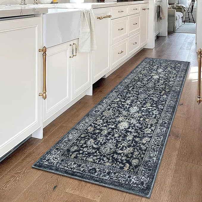 KILOCOCO Hallway Runner 2x6 Rug Runner Printed Vintage Floral Washable Kitchen Runners Non-slip Rubber Backed Runners for Hallways Laundry Room Distressed Boho Rugs for Entryway Bedroom, Navy/Charcoal