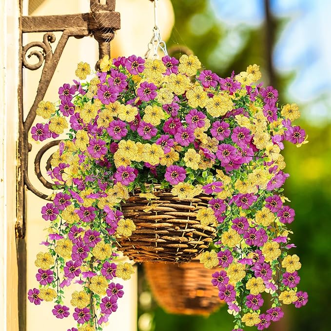 Artificial Flowers for Outdoors 6PCS，All Weather Fade Proof, UV Resistant Waterproof Realistic Faux Silk Mums Daisies Purple & Yellow for Hanging Planters Porch Patio Balcony Deck Fence Garden Decor