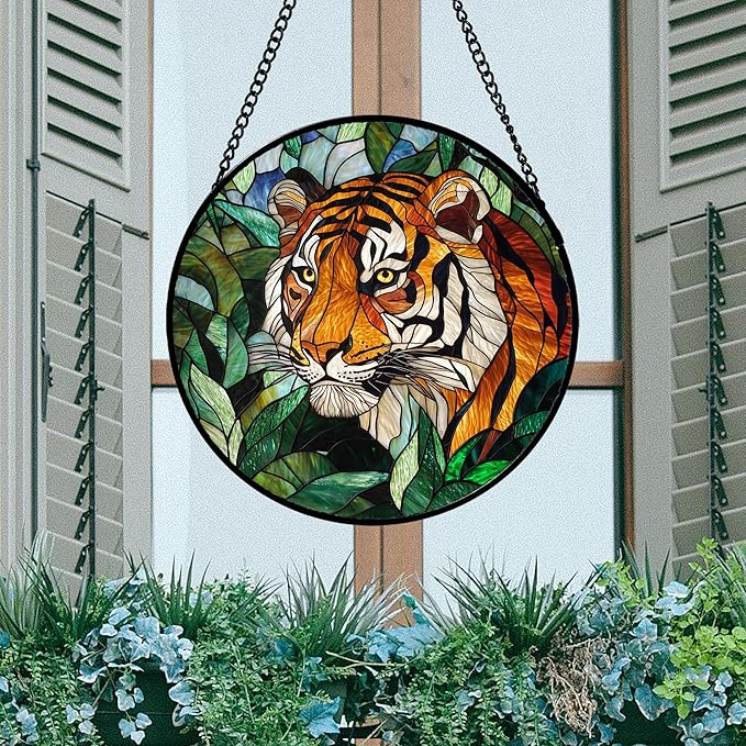 Stained Glass Window Hanging, Fierce Tiger Sun Catcher for Door Home Decor Wild Animals Suncatcher Christmas Mother's Day Birthday Gifts for Women Men Mom and Nana 7.8 in