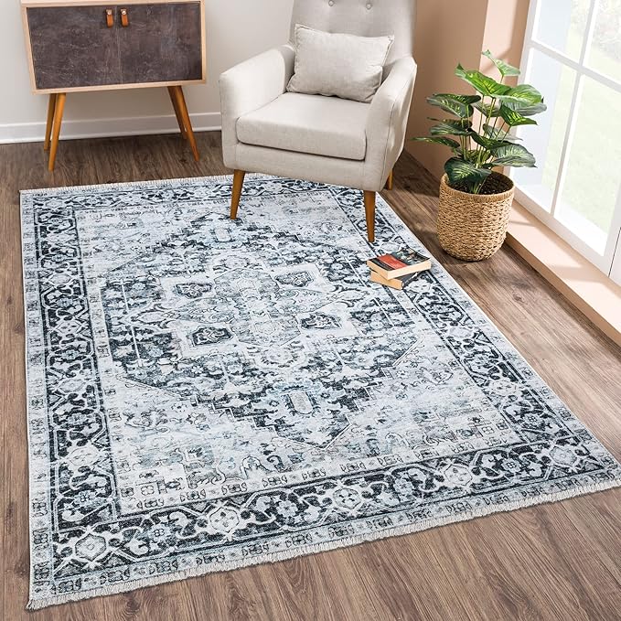 Bloom Rugs Caria Washable Non-Slip 9x12 Rug - Denim Blue Traditional Area Rug for Living Room, Bedroom, Dining Room, and Kitchen - Exact Size: 9' x 12'