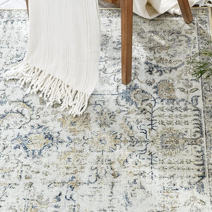jinchan Kalen Runner Rug 2x8 Washable Hallway Rug Vintage Runner Indoor Floor Cover Thin Retro Distressed Floral Country Non Slip Carpet for Entryway Bathroom Kitchen Bedroom Living Room Stairway Blue