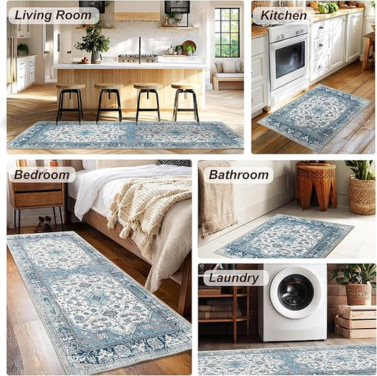 XWZO Runner Rug 2x10ft for Long Hallways, Washable Non-Slip Low Pile Area Rug with Rubber Backing, Spill Resistant Soft Vintage Floor Carpet for Kitchen Entryway Stair Landing Living Room, Blue