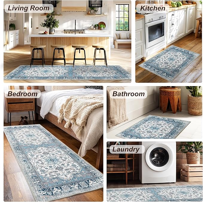 XWZO Runner Rug 2x6ft, Washable Hallway Runner with Non-Slip Backing, Vintage Spill Stain Resistant Floor Mat for Entryway Corridor Bedroom Kitchen, Soft Low-Pile Area Carpet, Blue