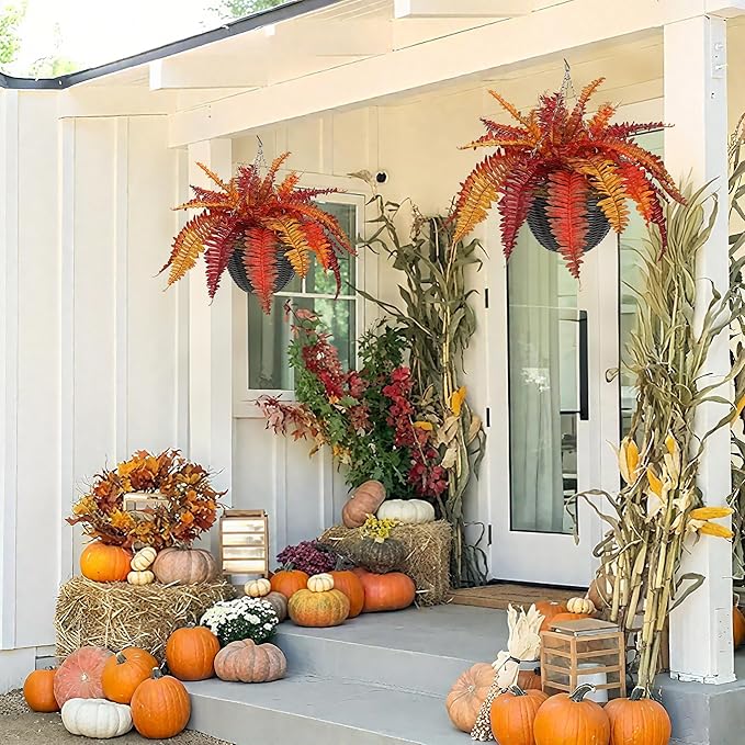 Hollyone Fall Artificial Fern Fall Hanging Baskets Outdoor Indoor Silk Plant Boston Ferns Autumn Potted Plants with Black Rattan Pot for Fake Fern Bush Plant Patio Garden Farmhouse Home Decor Orange