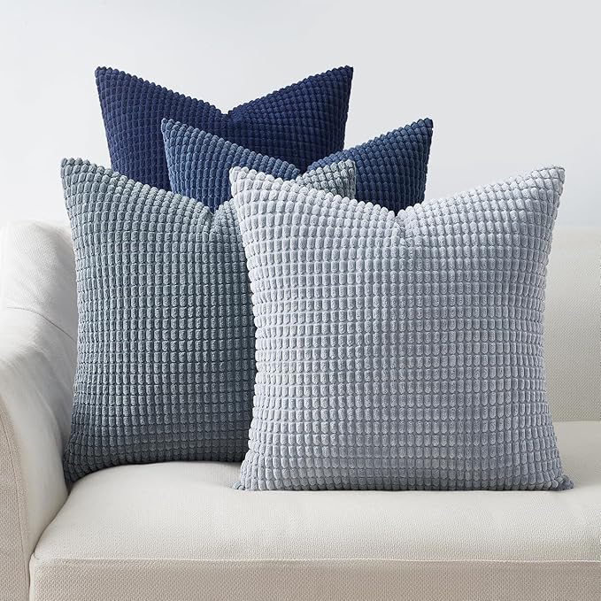Topfinel 4 Packs Blue Decorative Throw Pillow Covers 24x24 Inch for Living Room Couch Bed Sofa, Boho Western Farmhouse Home Decor, Square Soft Moss Corduroy Fall Cushion Case 60x60 cm