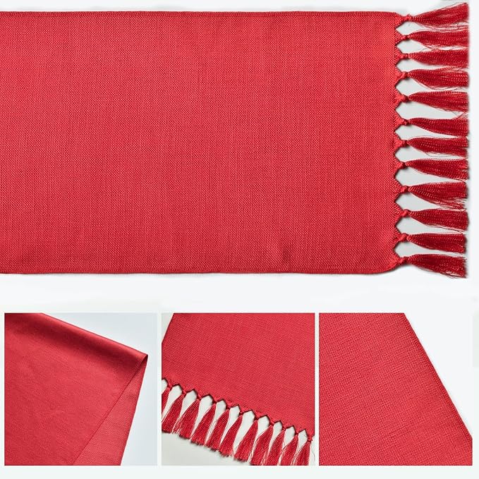Artoid Mode Red Tassel Table Runner, Christmas Linen Blend Rustic Farmhouse Style Kitchen Table Decoration Holiday Wedding Party Dinning Decor 13x48 Inch