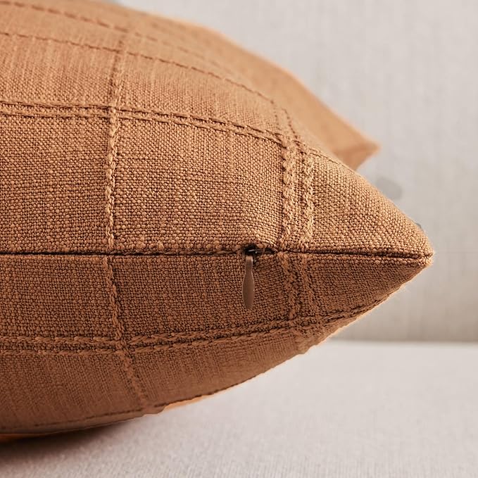 ZeeMart Linen Checked Throw Pillow Covers Set of 2, 22x22 Inch Allover Grid Caramel, Farmhouse Decorative Double Sided Grid Embroidered Couch Pillow Cases Burnt Orange Cotton Linen Cushion Covers ﻿