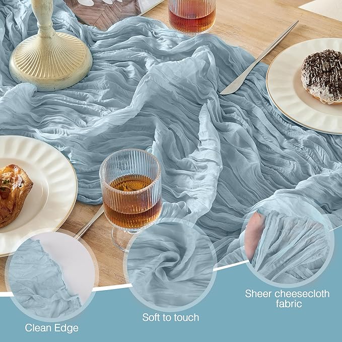 6 Pack Cheesecloth Table Runner 120 Inch Boho Rustic Gauze 10 FT Dusty Blue Cheese Cloths Table Runners Decorations for Spring Summer Birthday Party Baby Shower Wedding Holiday Home Decor