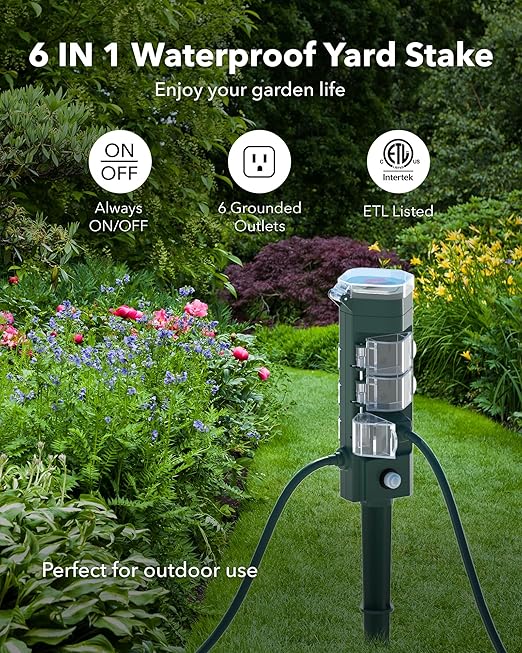 HBN Outdoor Power Strip Timer with Photocell Remote Control,Yard Stake Countdown (2,4,6,8 Hour),Weatherproof Outside Timer Dusk to Dawn for Halloween/Christmas Lights,6 Outlets,6ft Cord