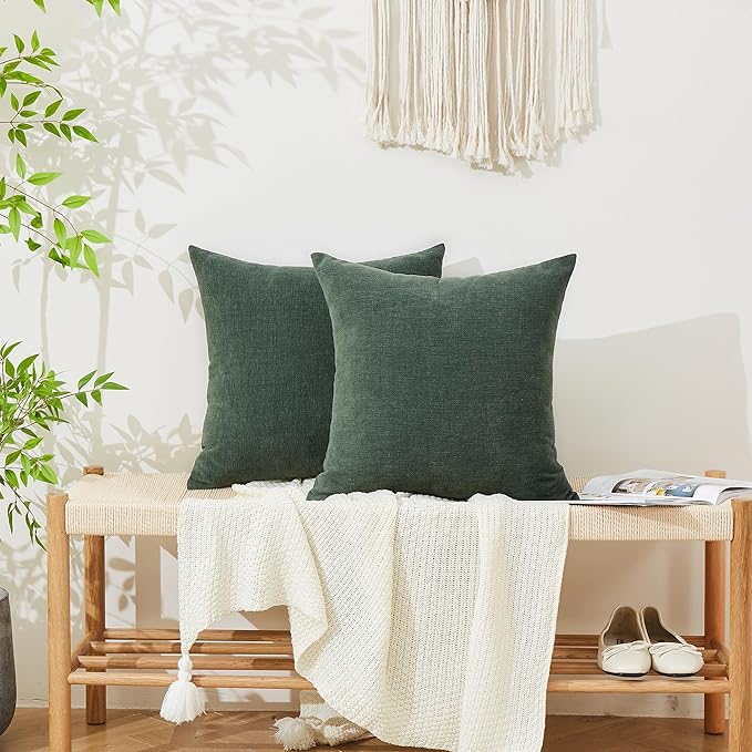 GAWAMAY Decorative Chenille Throw Pillow Covers 24"x24" Inch Pack of 2, Soft Square Couch Pillow Cover for Sofa Cushion Living Room Bedroom Solid Oversized Pillowcases Dark Green 60x60cm (ONLY COVERS)