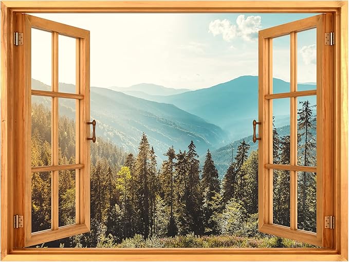 SIGNWIN Removable Wall Sticker/Wall Mural Window View Mountain Range Forest Clouds Nature Wilderness Photography Realism Decorative Landscape Digital Art for Living Room, Bedroom, Office - 36"x48"