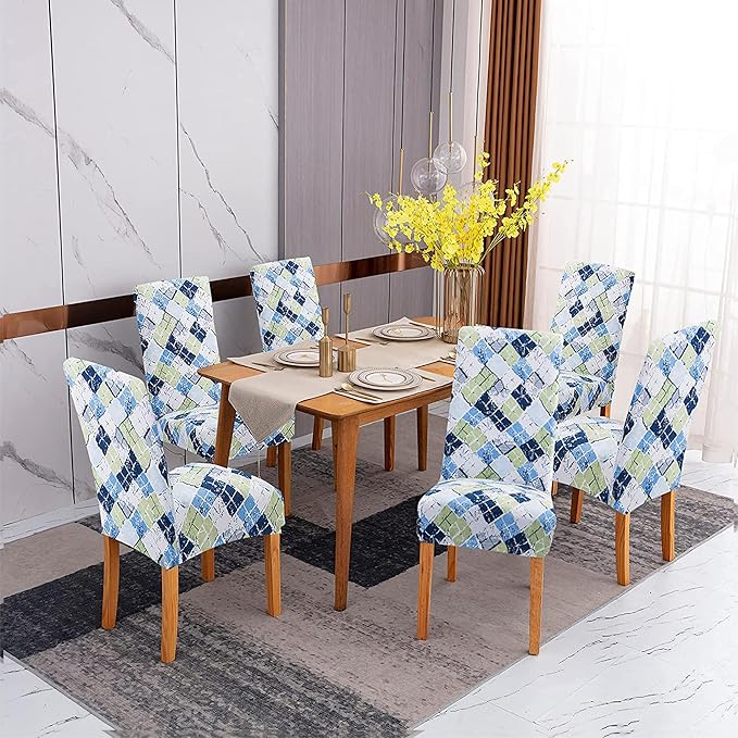 Sufdari Dining Chair Covers,Kitchen Chair Cover,Parsons Chair Slipcover,Spandex Chair Protectors for Dining Room Stretch Chairs Cover Set of 8 -Green Blue Plaid