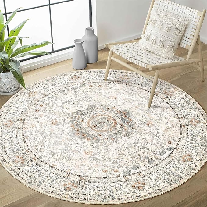 Boho Round Rug 4ft,Washable Circle Area Rugs for Bedroom Bathroom Entryway,Beige Vintage Bohemian Distressed Oriental Floral Carpet Non Slip