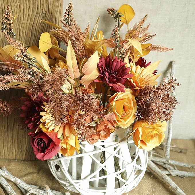 2pcs Boho Style Artificial Flower Bouquets,17 Inch Bohemian Style Fall Flower Wedding Bouquets for Bridal Bridesmaid,Rustic Home Décor Centerpiece(Orange Color Scheme)