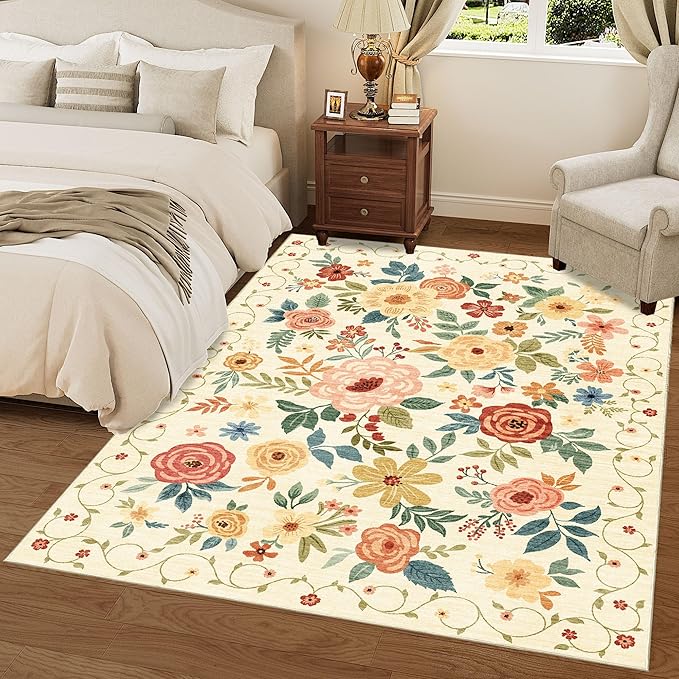 DUKINO 6x9 Area Rug, Floral Rugs for Living Room, Lightweight Non Slip Washable Rug, Indoor Low Pile & Non-Shedding Boho Design Rugs for Bedroom, Living Room, Dining Room, Beige Yellow